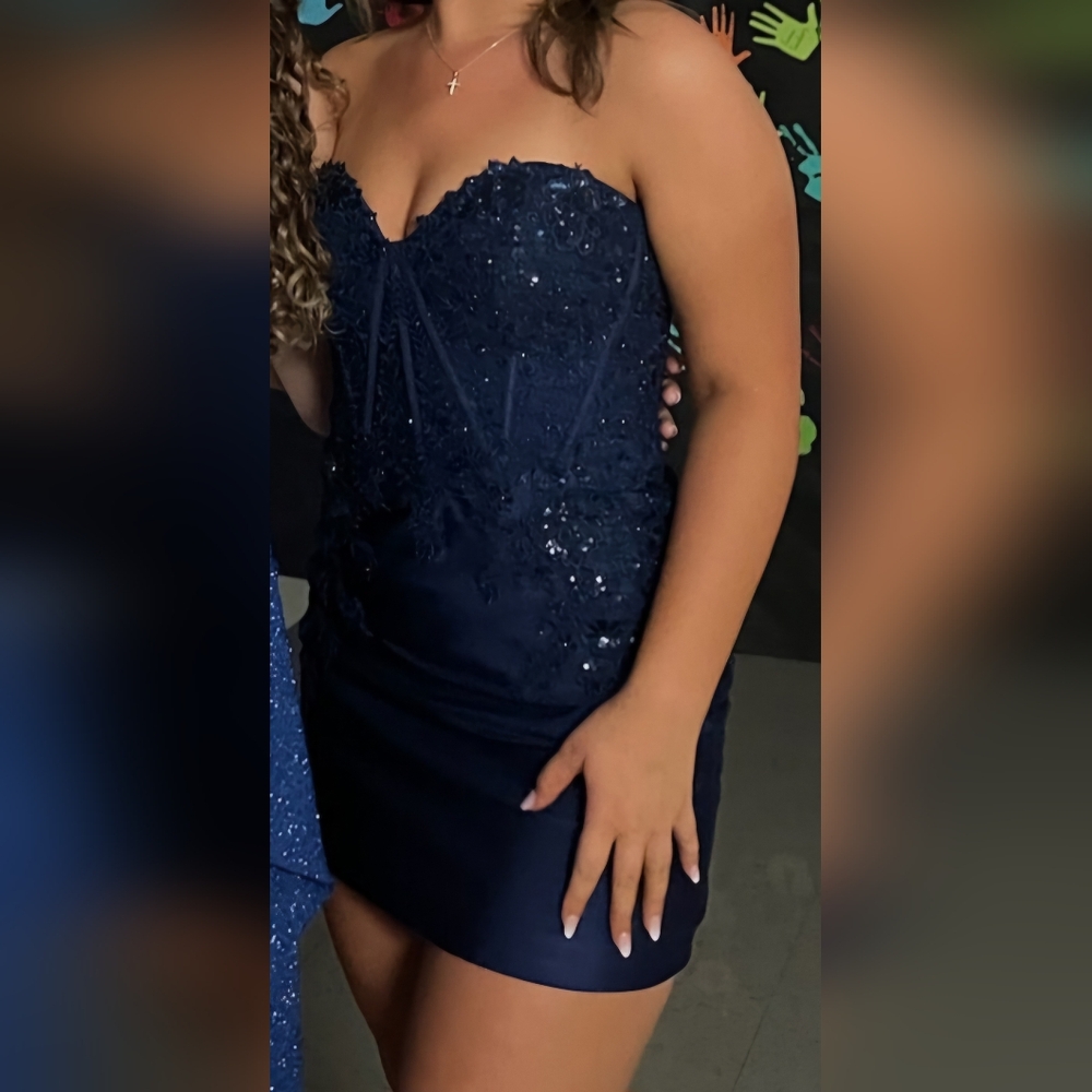 Sherri Hill Strapless cocktail dress with lace appliques & corset bodice